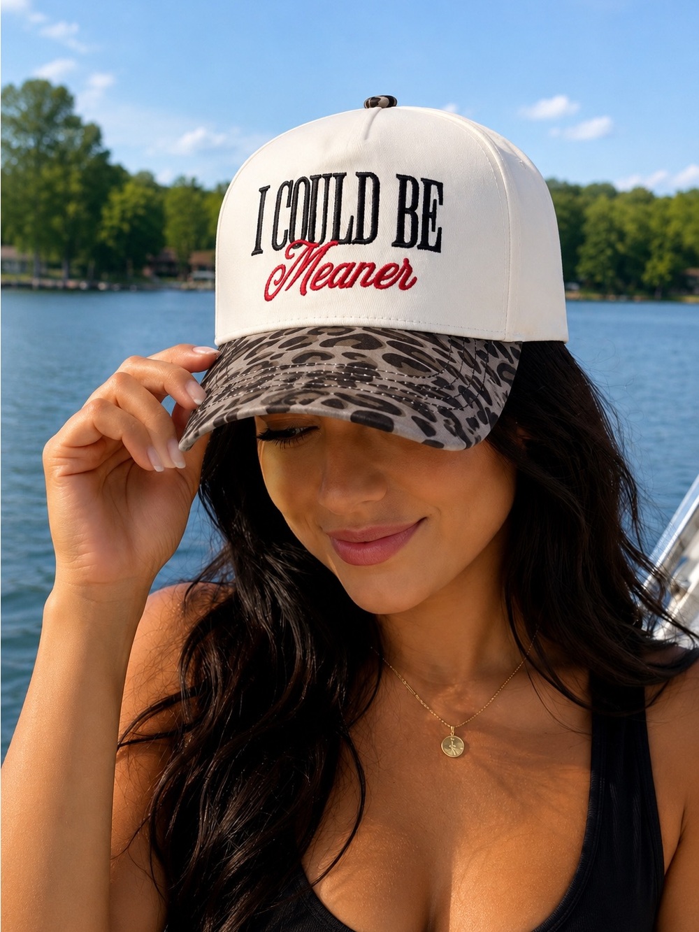 I Could Be Meaner Adjustable Animal Print Brim Embroidered Trucker Hat - Picture 1 of 4